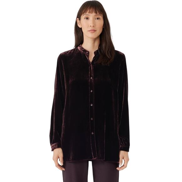 Eileen Fisher Silk Blend Velvet Band Collar Long Shirt Easy Fit Long Length XS - Picture 1 of 11